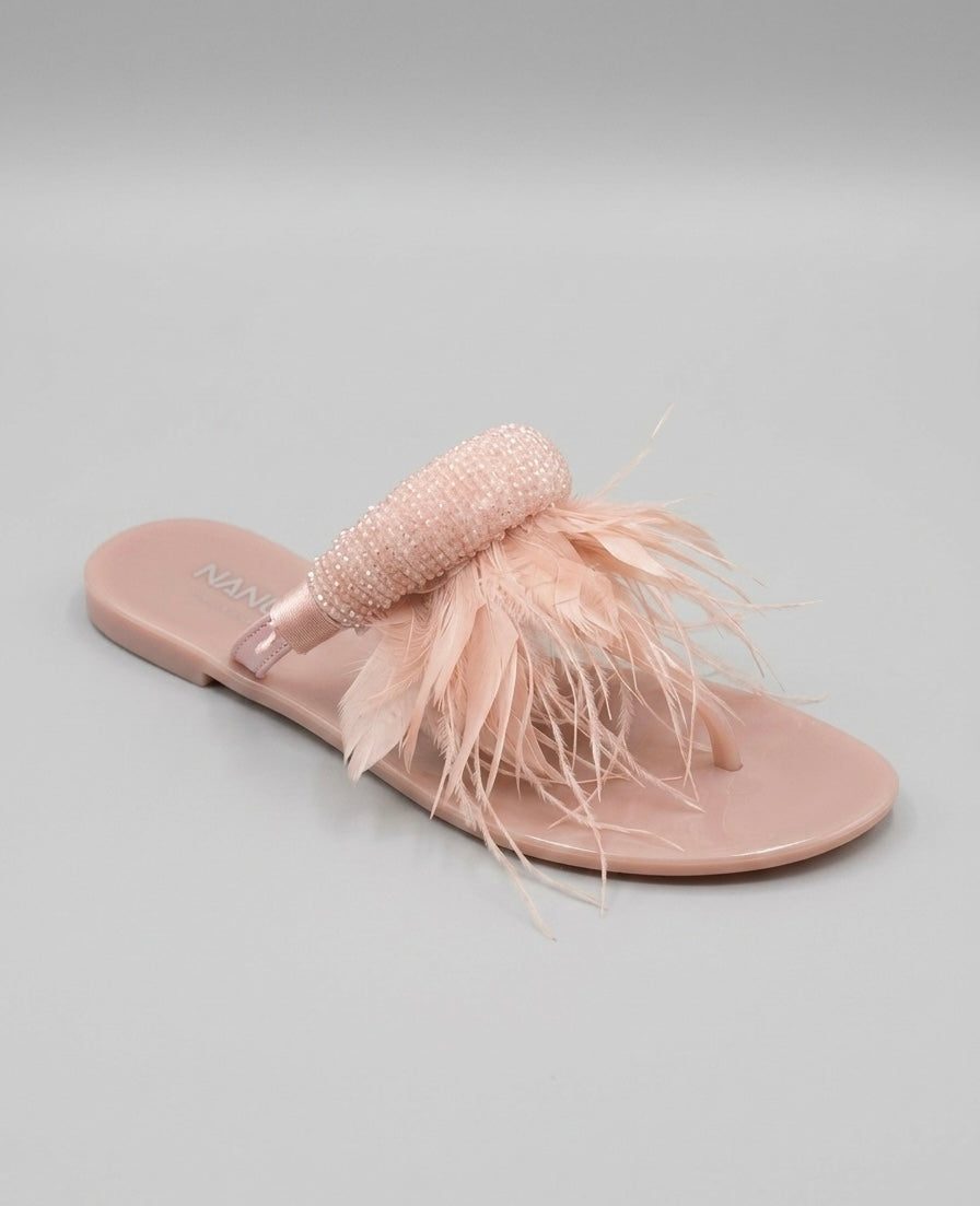 Infradito Gioiello con Piume e Strass – Rosa Cipria
