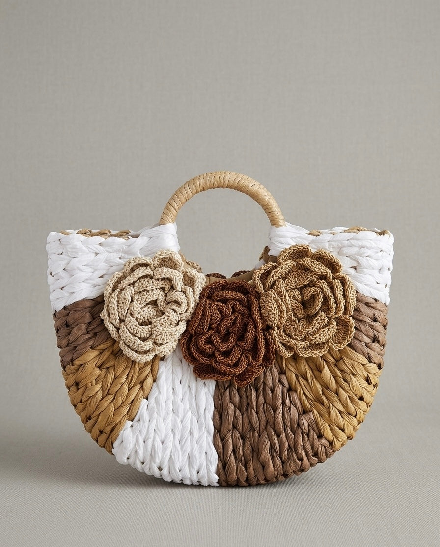 Borsa Caprese in Paglia Intrecciata con Fiori a Rilievo