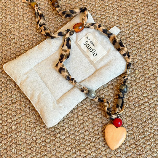 Wooden heart Saturn pendant leopard