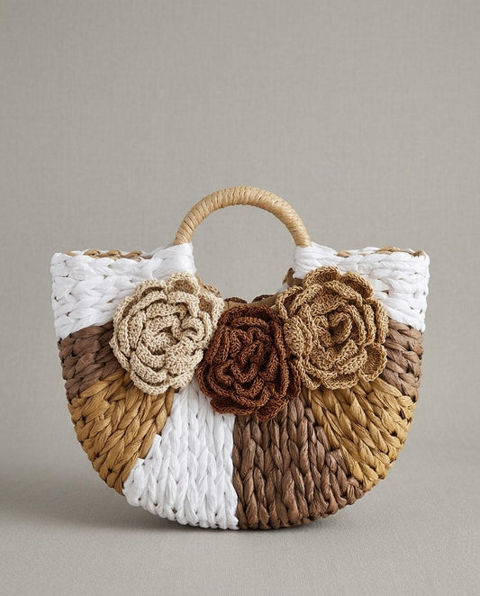 Borsa Caprese in Paglia Intrecciata con Fiori a Rilievo