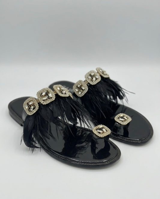 Ciabatta Black Glamour – Piume & Strass